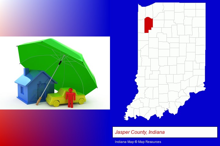 types of insurance; Jasper County, Indiana highlighted in red on a map