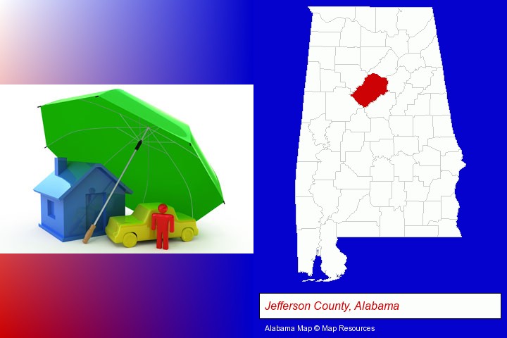 types of insurance; Jefferson County, Alabama highlighted in red on a map