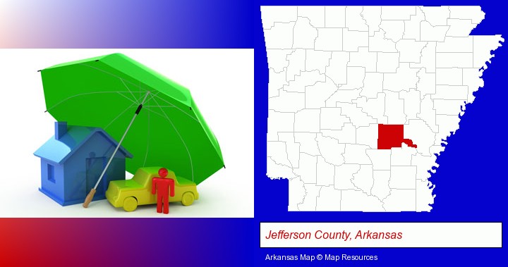 types of insurance; Jefferson County, Arkansas highlighted in red on a map