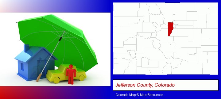types of insurance; Jefferson County, Colorado highlighted in red on a map