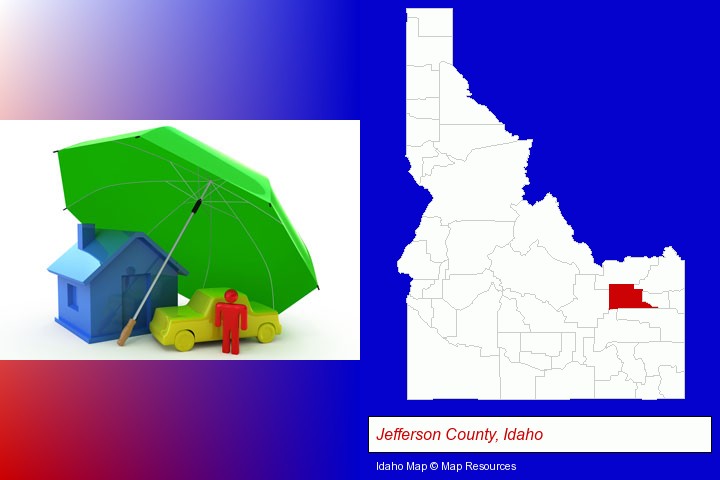 types of insurance; Jefferson County, Idaho highlighted in red on a map