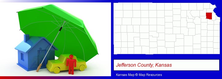 types of insurance; Jefferson County, Kansas highlighted in red on a map