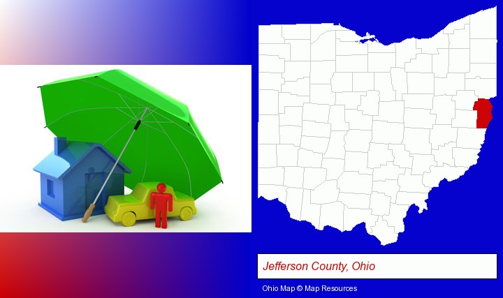 types of insurance; Jefferson County, Ohio highlighted in red on a map