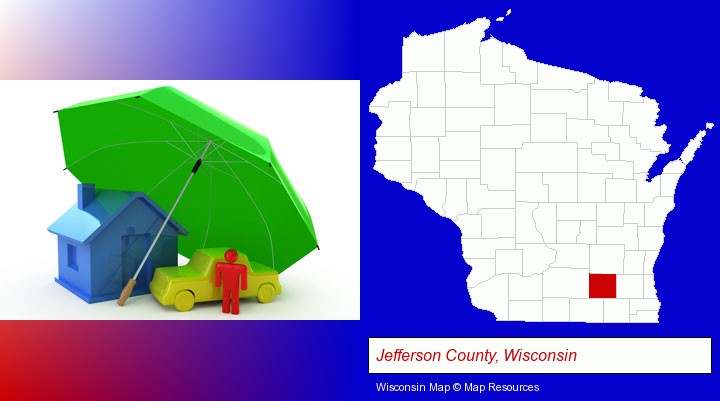 types of insurance; Jefferson County, Wisconsin highlighted in red on a map