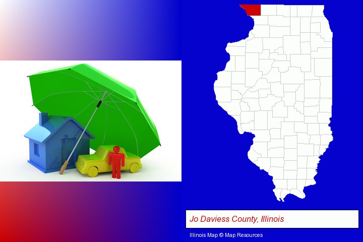 types of insurance; Jo Daviess County, Illinois highlighted in red on a map