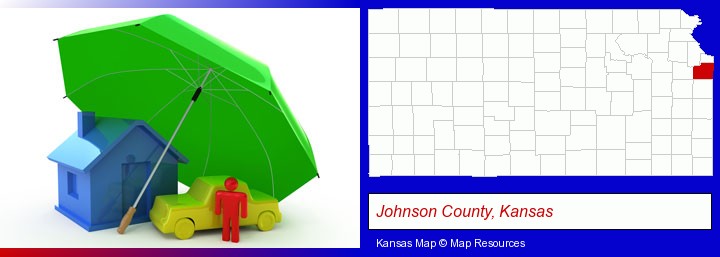types of insurance; Johnson County, Kansas highlighted in red on a map