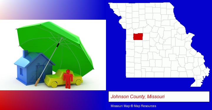 types of insurance; Johnson County, Missouri highlighted in red on a map