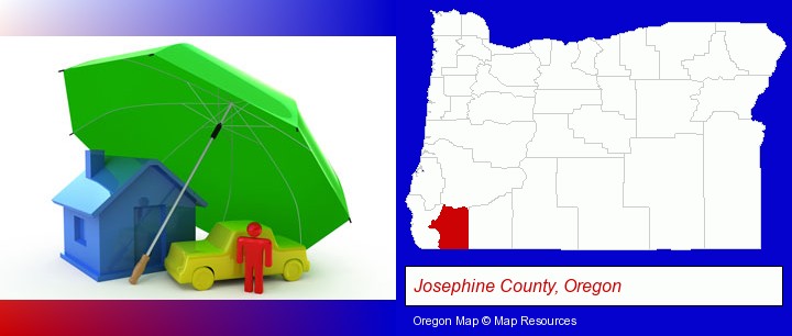 types of insurance; Josephine County, Oregon highlighted in red on a map