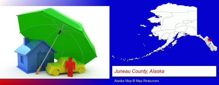 types of insurance; Juneau County, Alaska highlighted in red on a map