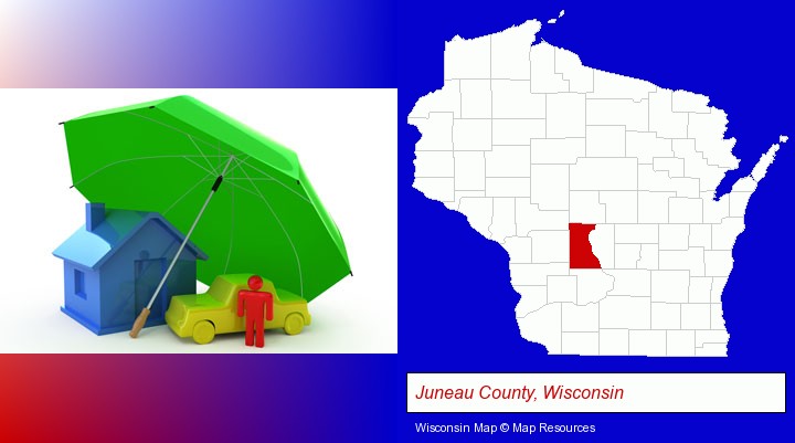 types of insurance; Juneau County, Wisconsin highlighted in red on a map