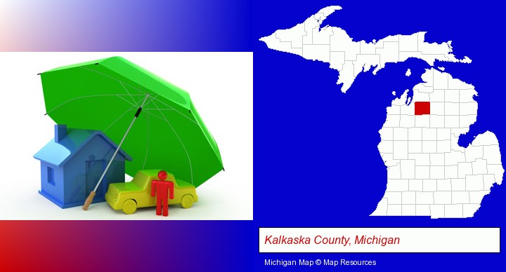 types of insurance; Kalkaska County, Michigan highlighted in red on a map
