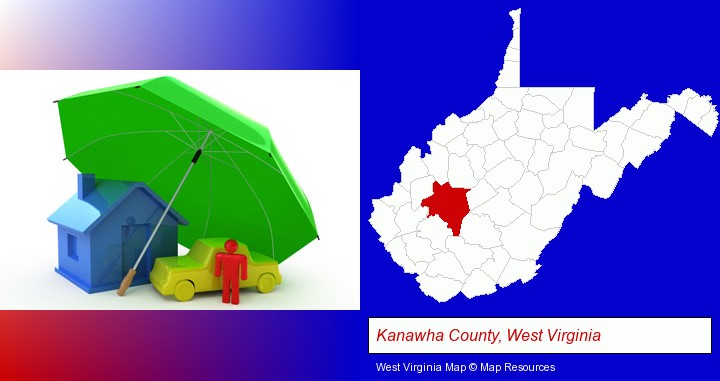 types of insurance; Kanawha County, West Virginia highlighted in red on a map