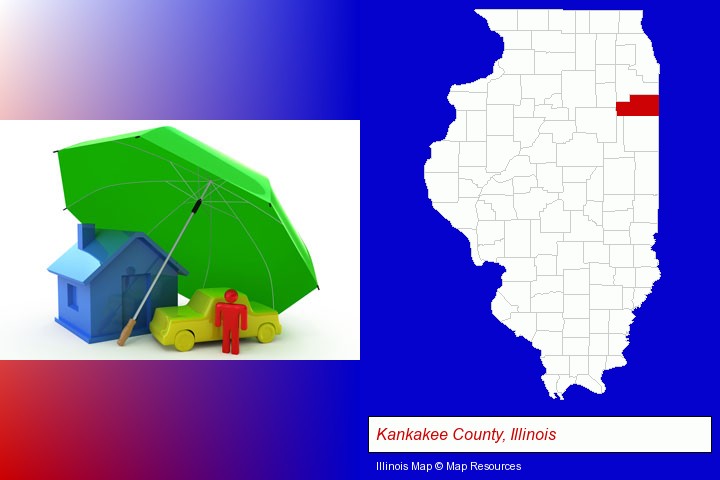 types of insurance; Kankakee County, Illinois highlighted in red on a map