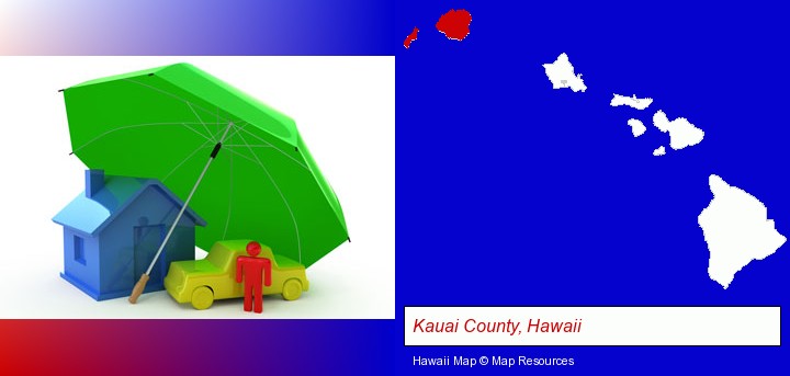 types of insurance; Kauai County, Hawaii highlighted in red on a map