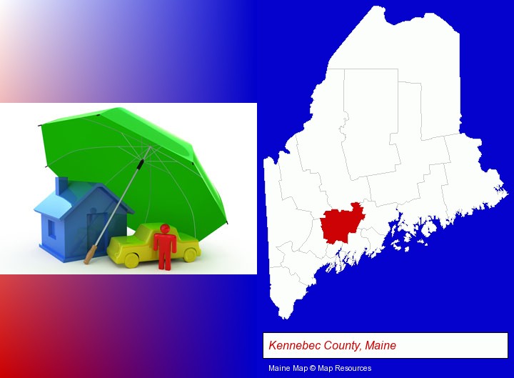 types of insurance; Kennebec County, Maine highlighted in red on a map