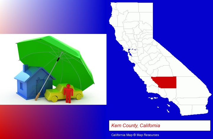 types of insurance; Kern County, California highlighted in red on a map