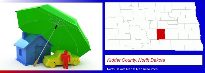 types of insurance; Kidder County, North Dakota highlighted in red on a map