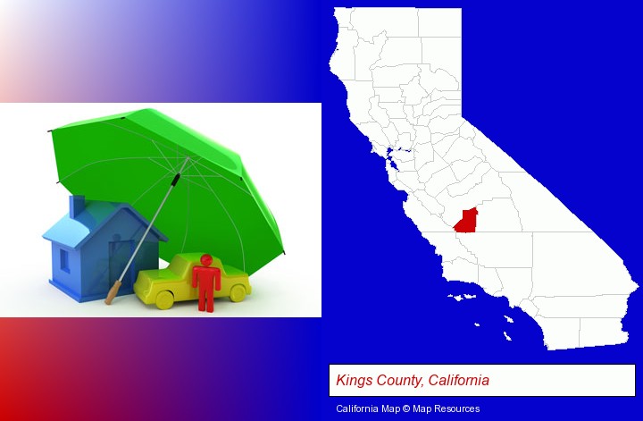 types of insurance; Kings County, California highlighted in red on a map