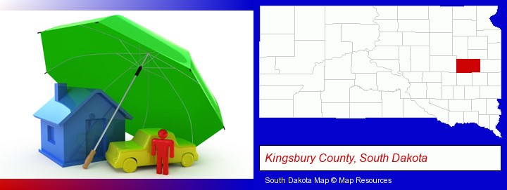 types of insurance; Kingsbury County, South Dakota highlighted in red on a map