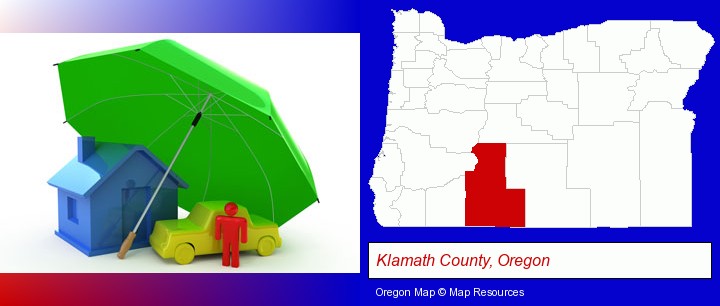 types of insurance; Klamath County, Oregon highlighted in red on a map