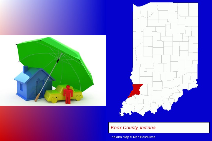 types of insurance; Knox County, Indiana highlighted in red on a map