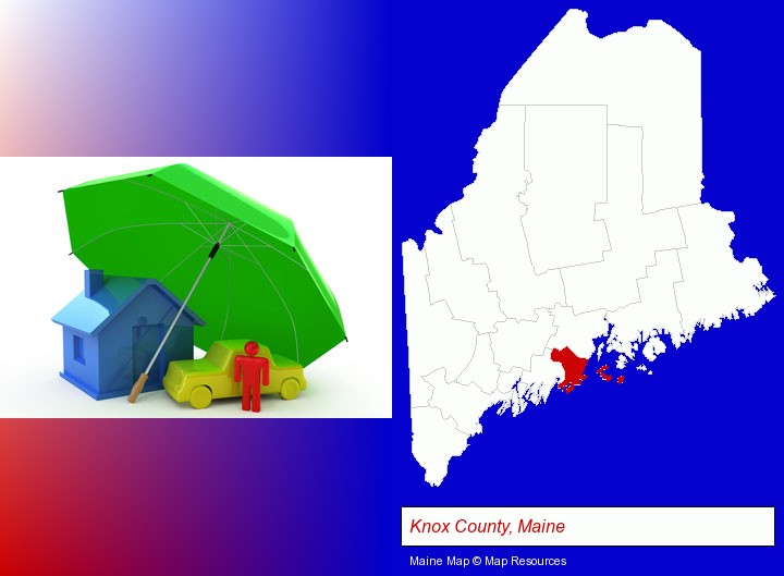 types of insurance; Knox County, Maine highlighted in red on a map