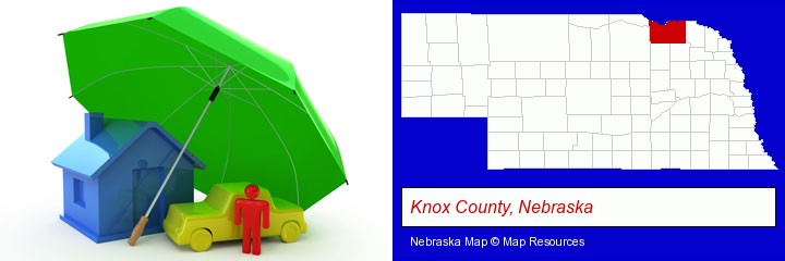 types of insurance; Knox County, Nebraska highlighted in red on a map