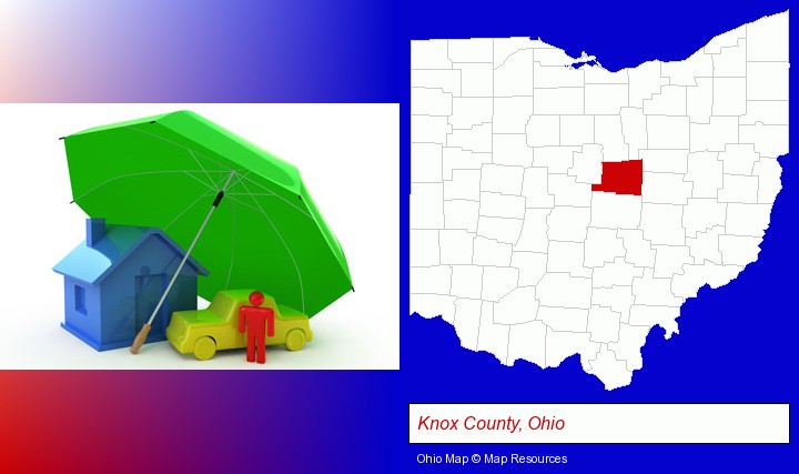 types of insurance; Knox County, Ohio highlighted in red on a map