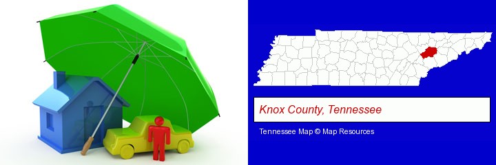types of insurance; Knox County, Tennessee highlighted in red on a map