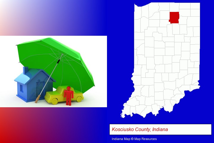 types of insurance; Kosciusko County, Indiana highlighted in red on a map