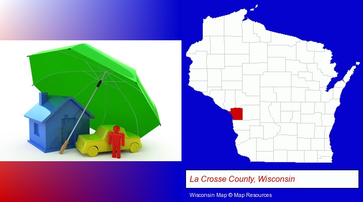 types of insurance; La Crosse County, Wisconsin highlighted in red on a map