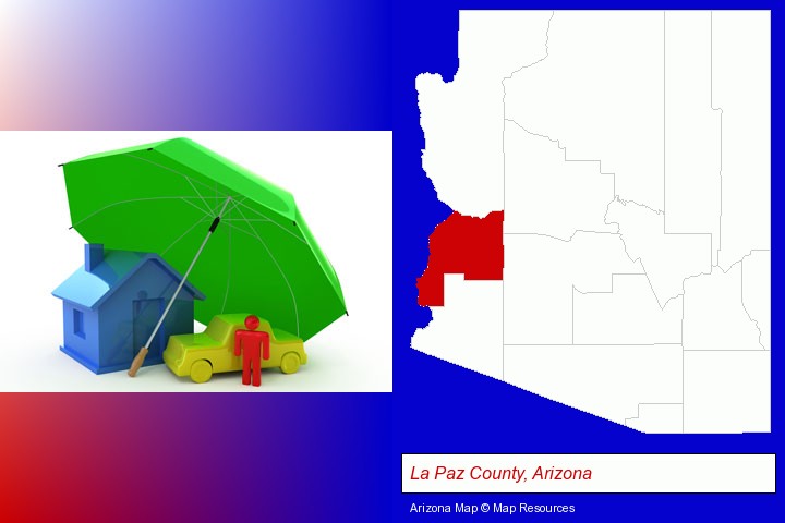 types of insurance; La Paz County, Arizona highlighted in red on a map