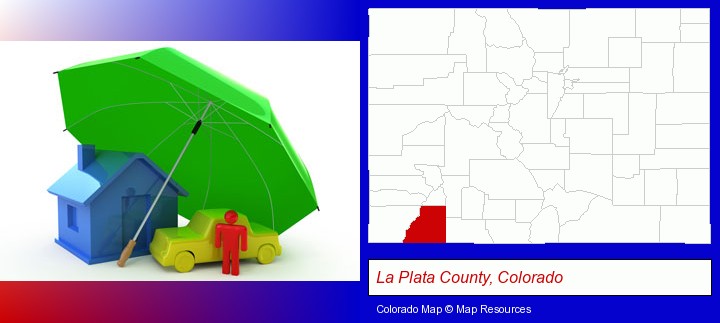 types of insurance; La Plata County, Colorado highlighted in red on a map