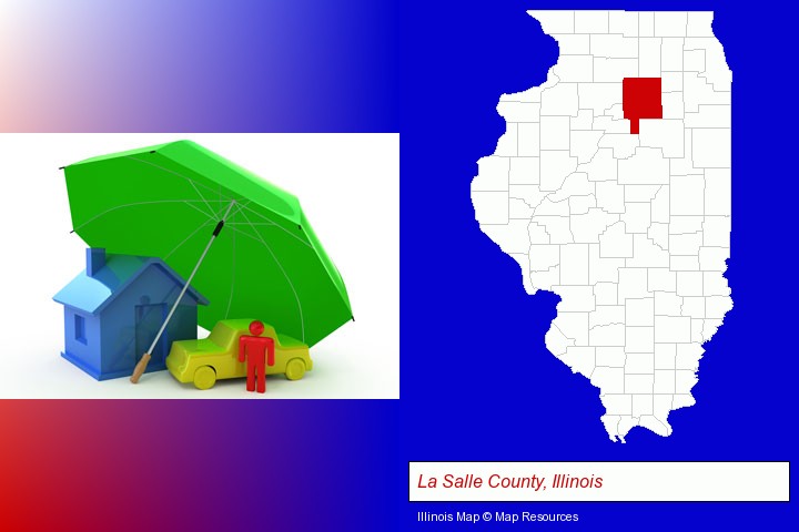 types of insurance; La Salle County, Illinois highlighted in red on a map