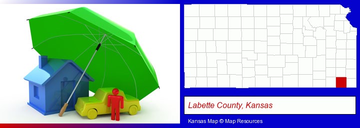 types of insurance; Labette County, Kansas highlighted in red on a map