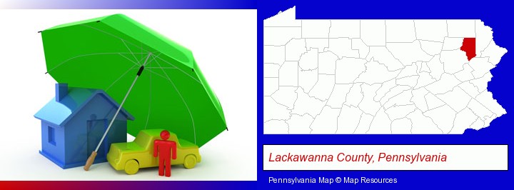 types of insurance; Lackawanna County, Pennsylvania highlighted in red on a map