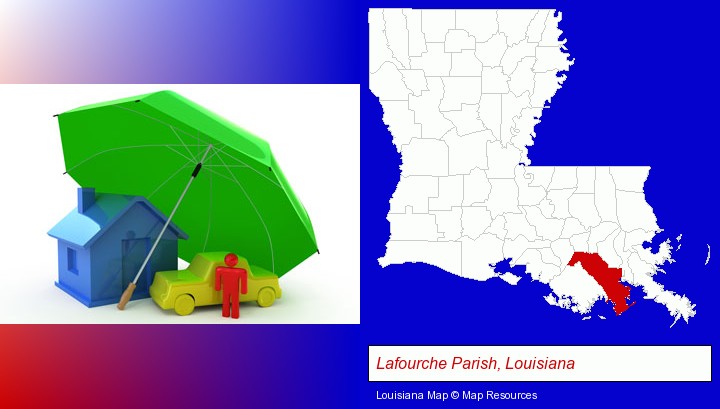 types of insurance; Lafourche Parish, Louisiana highlighted in red on a map