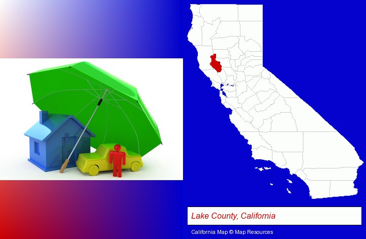types of insurance; Lake County, California highlighted in red on a map