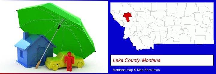 types of insurance; Lake County, Montana highlighted in red on a map