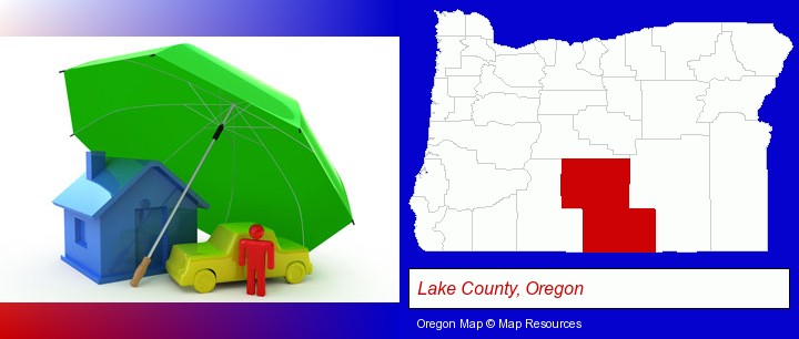 types of insurance; Lake County, Oregon highlighted in red on a map