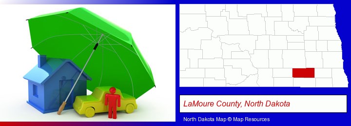 types of insurance; LaMoure County, North Dakota highlighted in red on a map