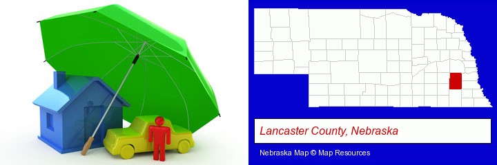 types of insurance; Lancaster County, Nebraska highlighted in red on a map