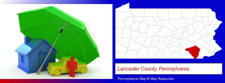types of insurance; Lancaster County, Pennsylvania highlighted in red on a map