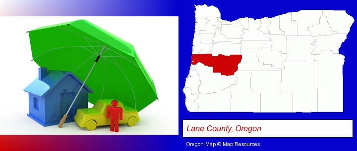 types of insurance; Lane County, Oregon highlighted in red on a map