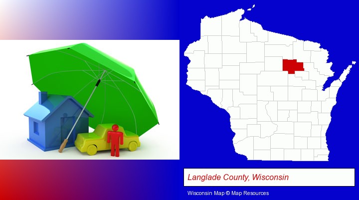 types of insurance; Langlade County, Wisconsin highlighted in red on a map