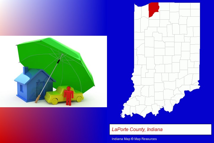 types of insurance; LaPorte County, Indiana highlighted in red on a map