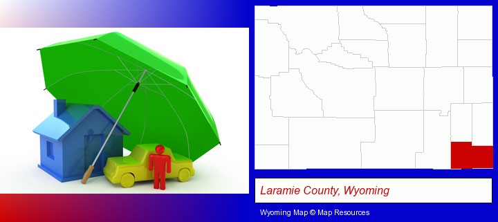 types of insurance; Laramie County, Wyoming highlighted in red on a map