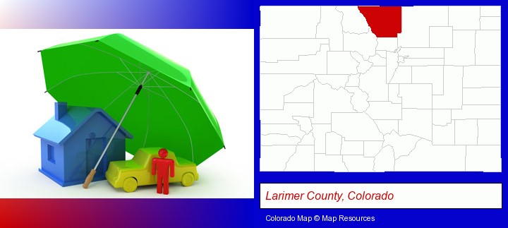 types of insurance; Larimer County, Colorado highlighted in red on a map
