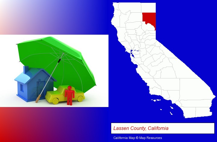 types of insurance; Lassen County, California highlighted in red on a map