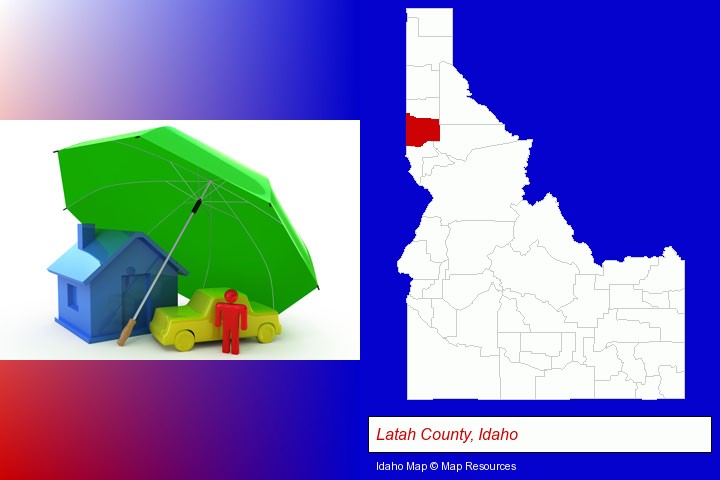 types of insurance; Latah County, Idaho highlighted in red on a map